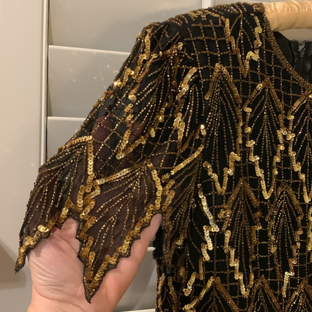 Laurence Kazar Leaf Black Gold Sequin Silk Vintage Cocktail Dress Size XL - Picture 5 of 17